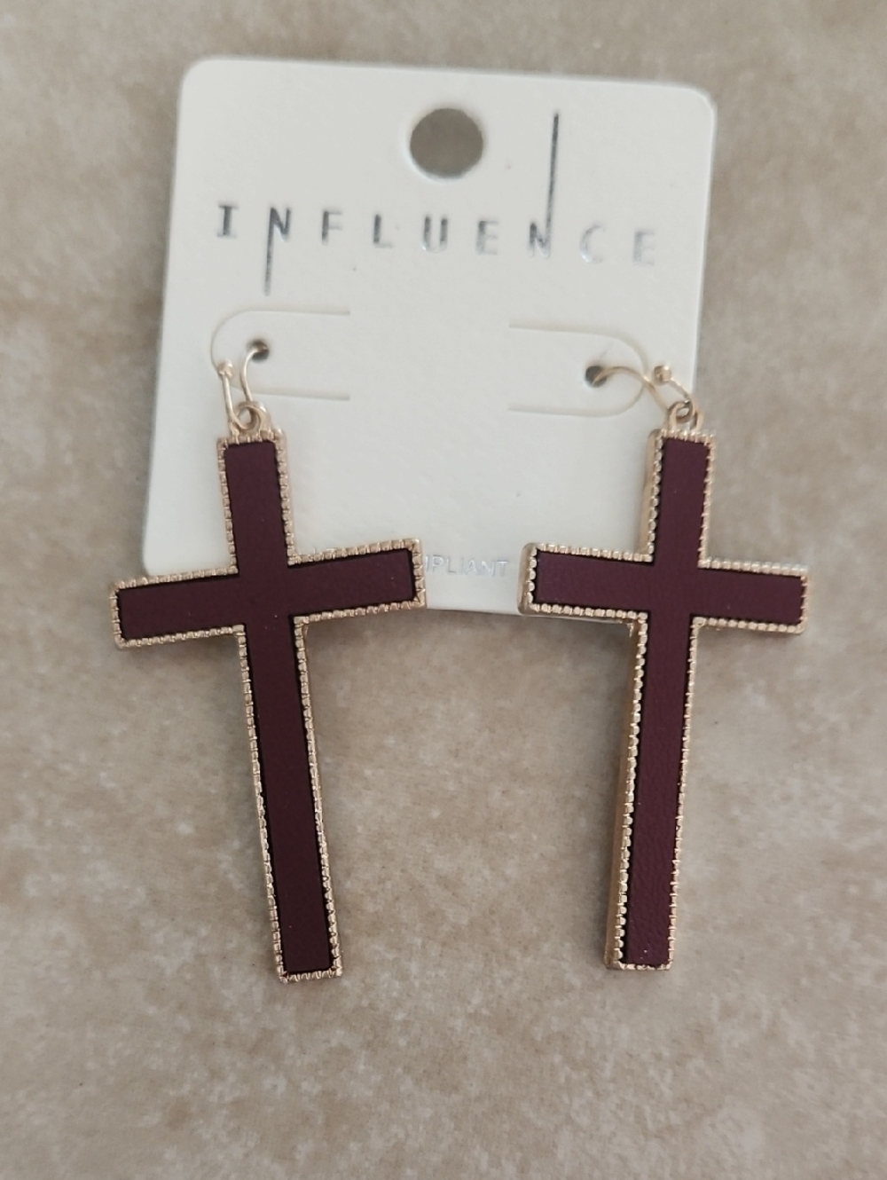 Influence‎ Burgundy Cross Drop Earrings, Gold Trim, Boho Style